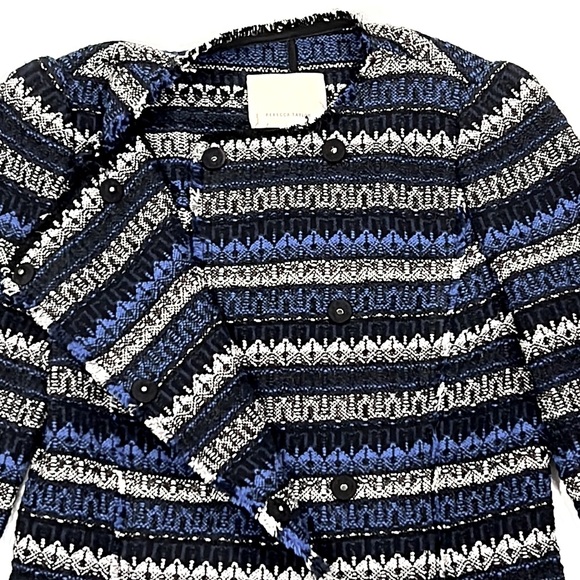 Rebecca Taylor Striped Tweed Fringe Trim Double Breasted Blazer Jacket - Picture 2 of 8